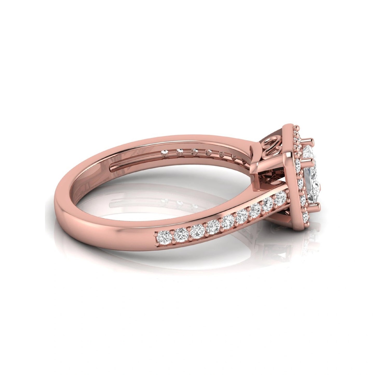 Princess Cut Halo Lab Grown Diamond Engagement Ring featuring a princess cut center diamond surrounded by a round diamond halo with a pavé band in a rose gold tone design.