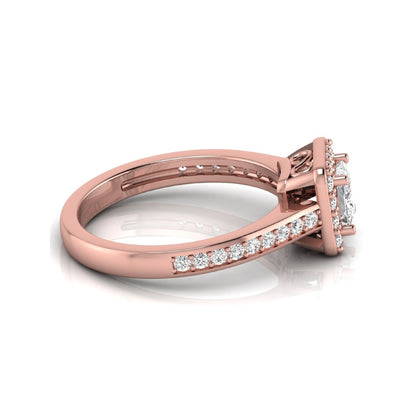 Princess Cut Halo Lab Grown Diamond Engagement Ring featuring a princess cut center diamond surrounded by a round diamond halo with a pavé band in a rose gold tone design.