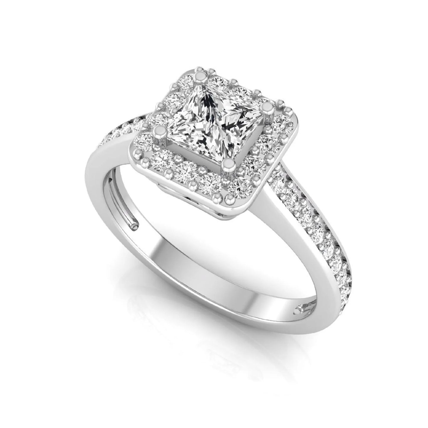 Princess Cut Halo Lab Grown Diamond Engagement Ring featuring a princess cut center diamond surrounded by a round diamond halo with a pavé band in a white gold tone design.