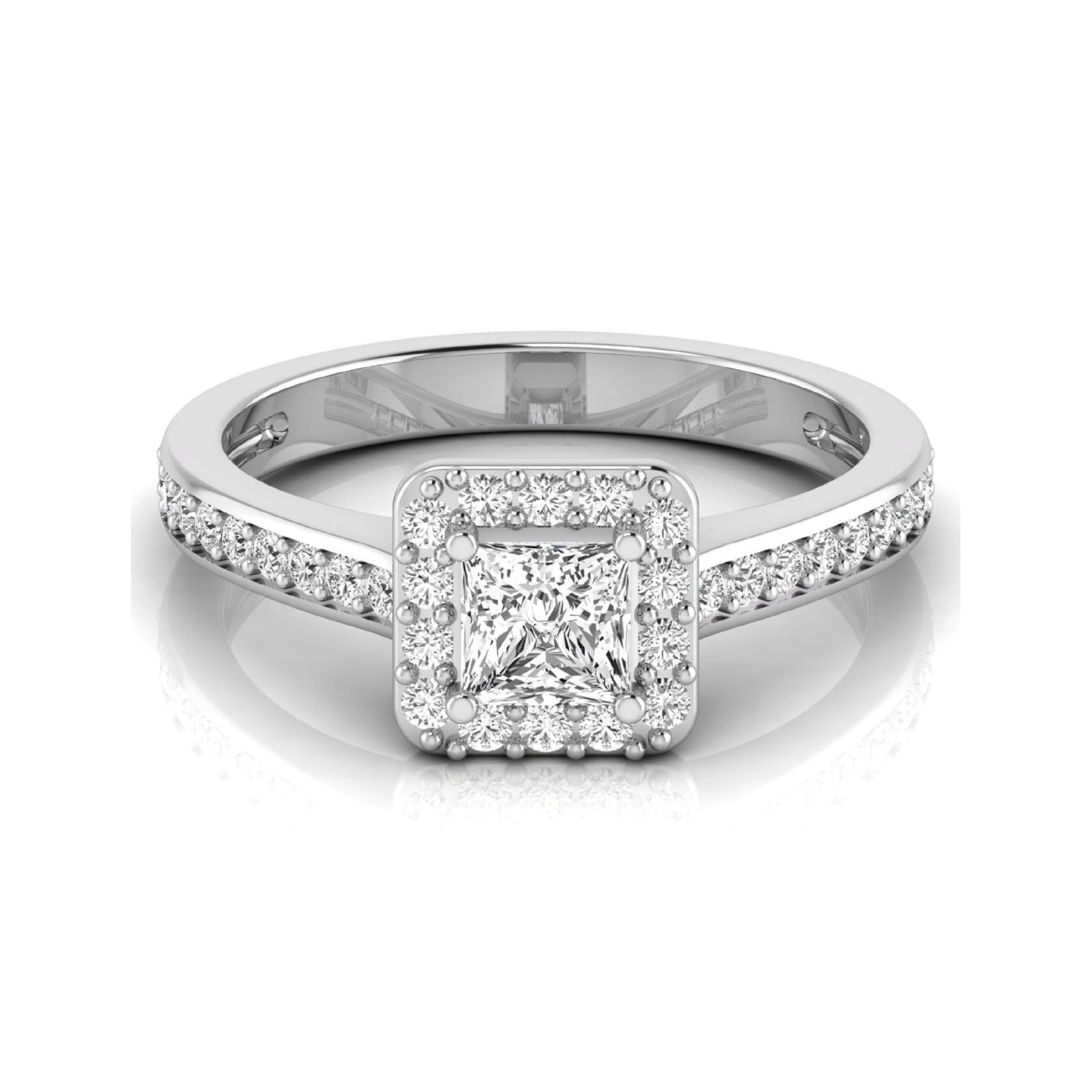 Princess Cut Halo Lab Grown Diamond Engagement Ring featuring a princess cut center diamond surrounded by a round diamond halo with a pavé band in a white gold tone design.