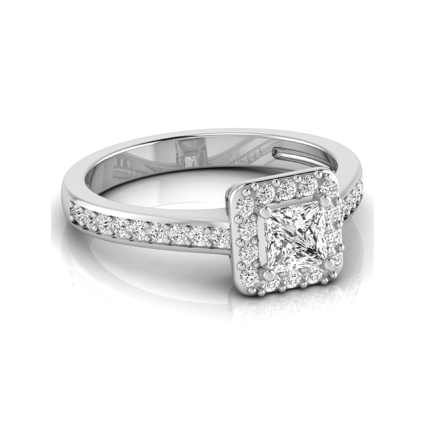 Princess Cut Halo Lab Grown Diamond Engagement Ring featuring a princess cut center diamond surrounded by a round diamond halo with a pavé band in a white gold tone design.