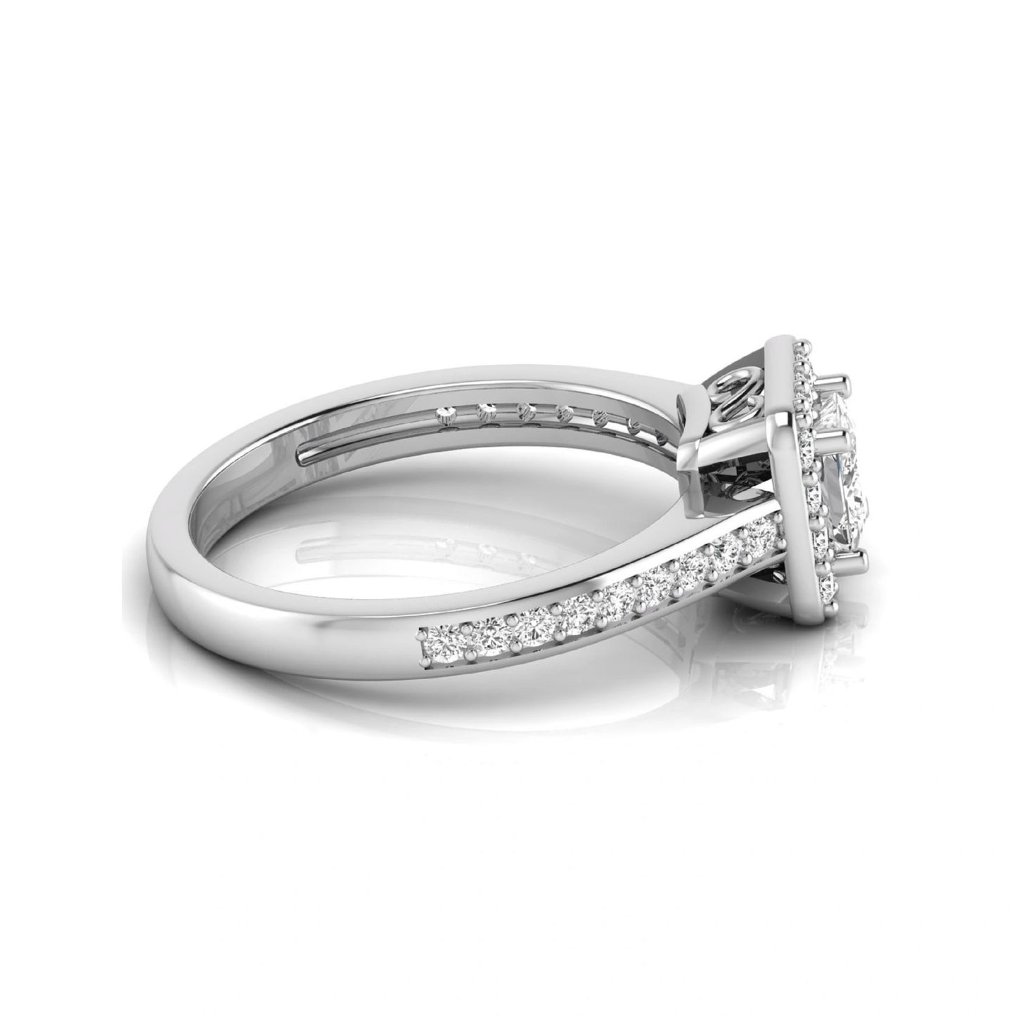 Princess Cut Halo Lab Grown Diamond Engagement Ring featuring a princess cut center diamond surrounded by a round diamond halo with a pavé band in a white gold tone design.
