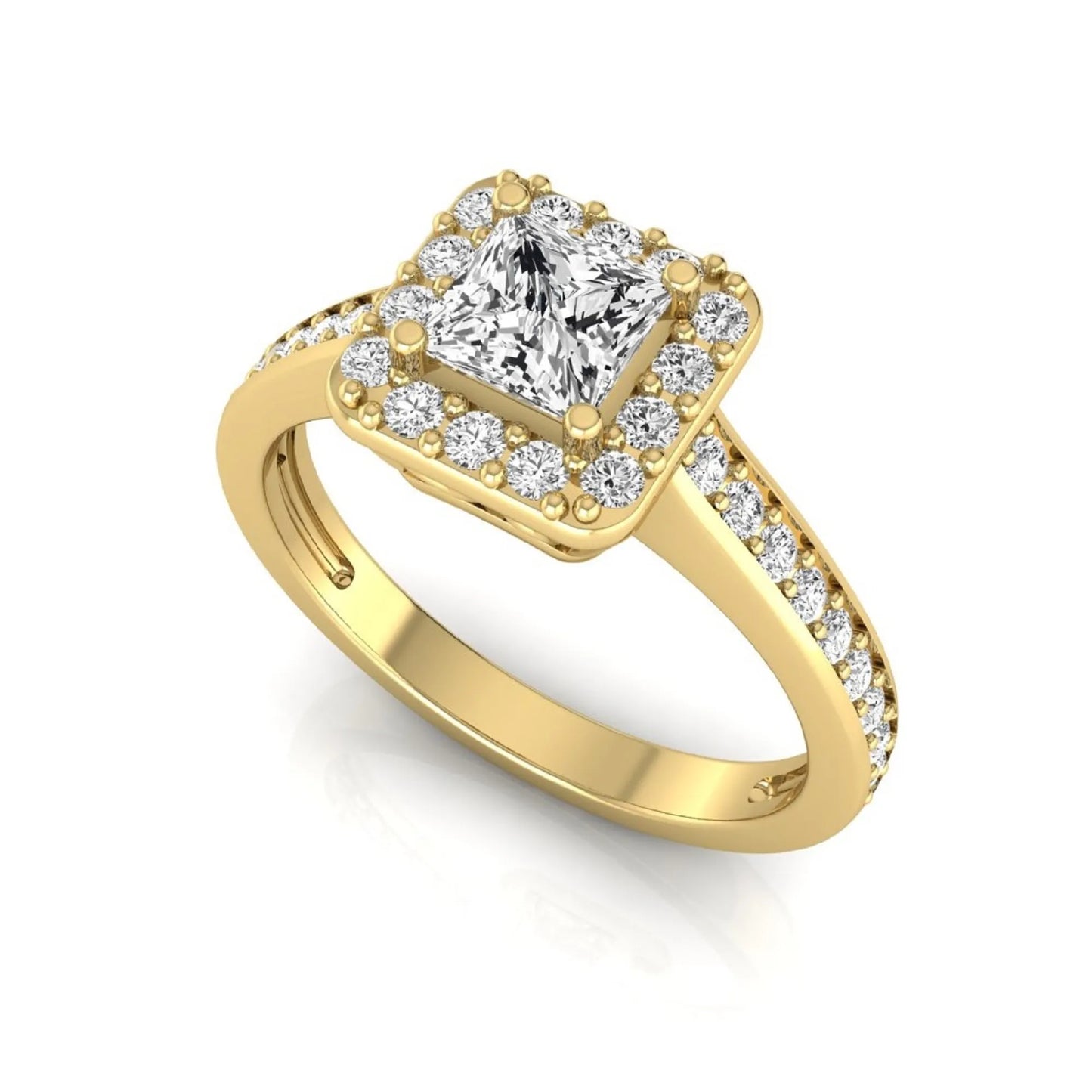 Princess Cut Halo Lab Grown Diamond Engagement Ring featuring a princess cut center diamond surrounded by a round diamond halo with a pavé band in a yellow gold tone design.