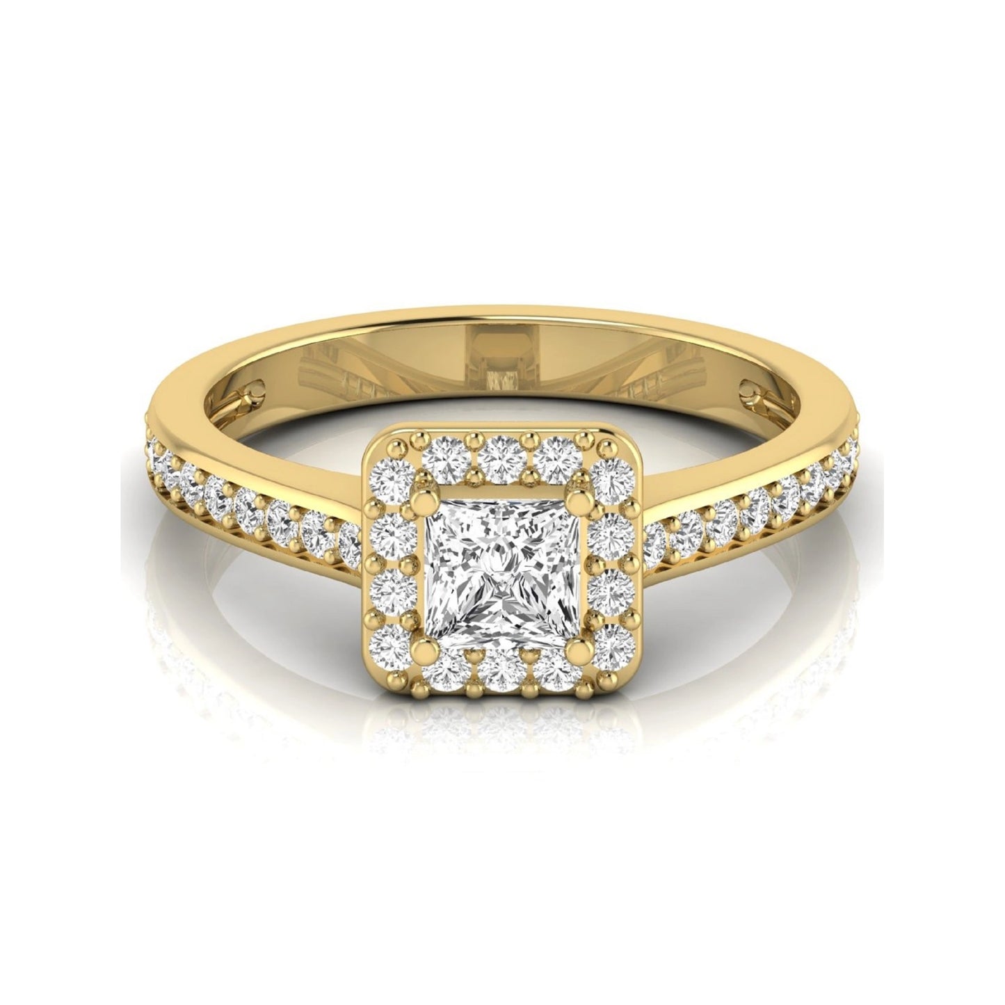 Princess Cut Halo Lab Grown Diamond Engagement Ring featuring a princess cut center diamond surrounded by a round diamond halo with a pavé band in a yellow gold tone design.