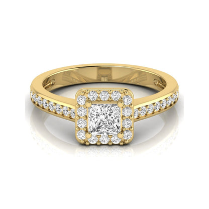 Princess Cut Halo Lab Grown Diamond Engagement Ring featuring a princess cut center diamond surrounded by a round diamond halo with a pavé band in a yellow gold tone design.