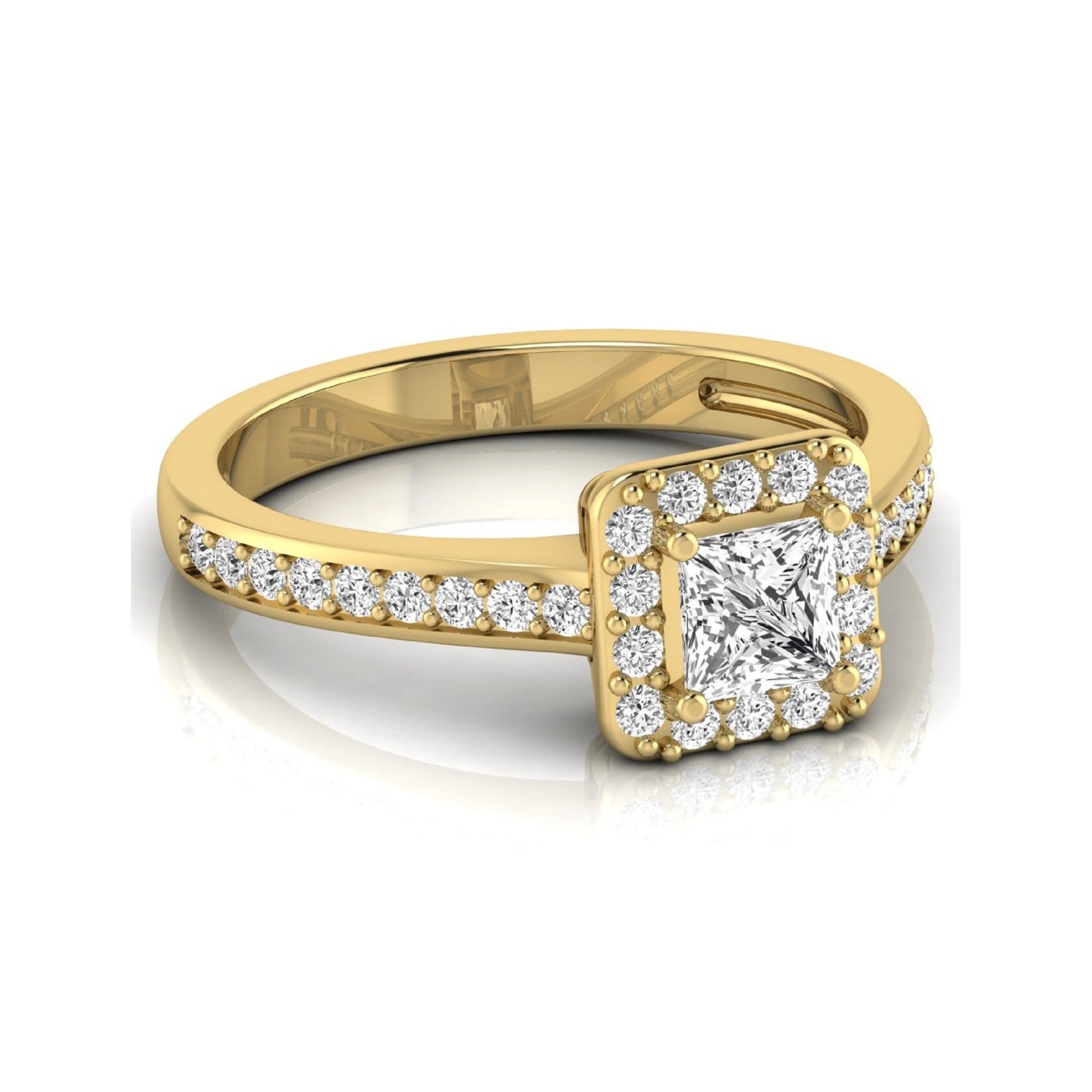 Princess Cut Halo Lab Grown Diamond Engagement Ring featuring a princess cut center diamond surrounded by a round diamond halo with a pavé band in a yellow gold tone design.