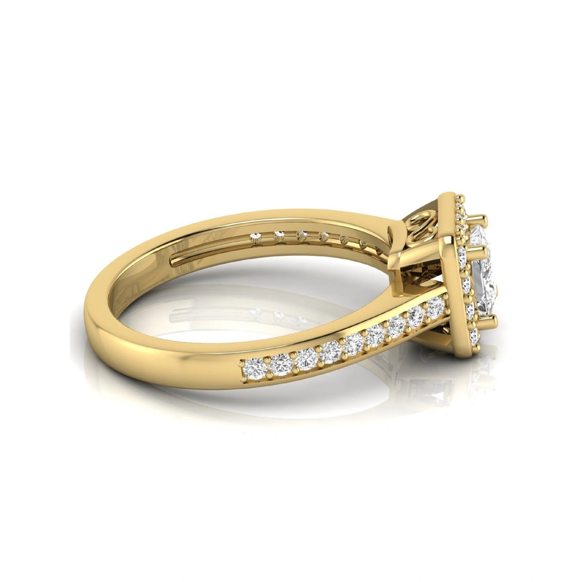 Princess Cut Halo Lab Grown Diamond Engagement Ring featuring a princess cut center diamond surrounded by a round diamond halo with a pavé band in a yellow gold tone design.
