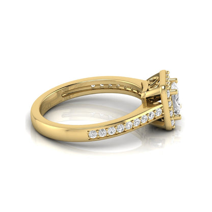 Princess Cut Halo Lab Grown Diamond Engagement Ring featuring a princess cut center diamond surrounded by a round diamond halo with a pavé band in a yellow gold tone design.