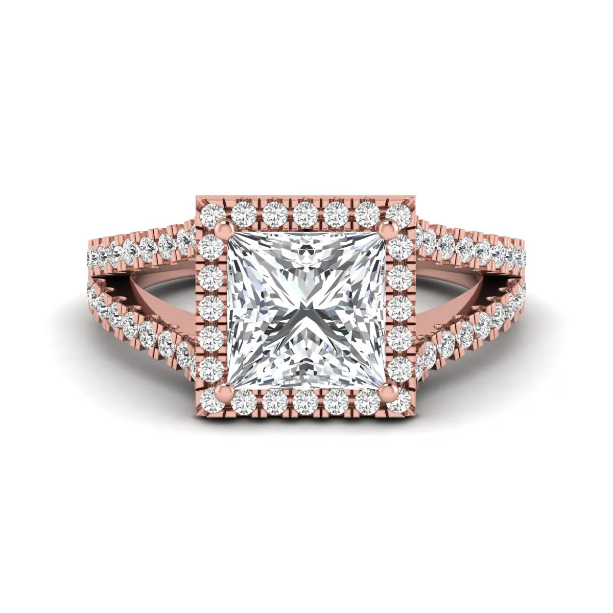 Princess cut halo split shank lab grown diamond engagement ring featuring a 3.01 carat IGI certified princess cut center diamond with round diamond halo in rose gold.