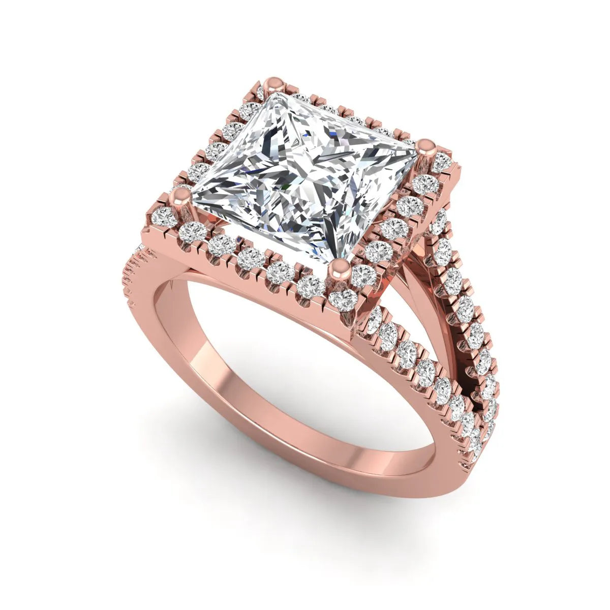 Princess cut halo split shank lab grown diamond engagement ring featuring a 3.01 carat IGI certified princess cut center diamond with round diamond halo in rose gold.
