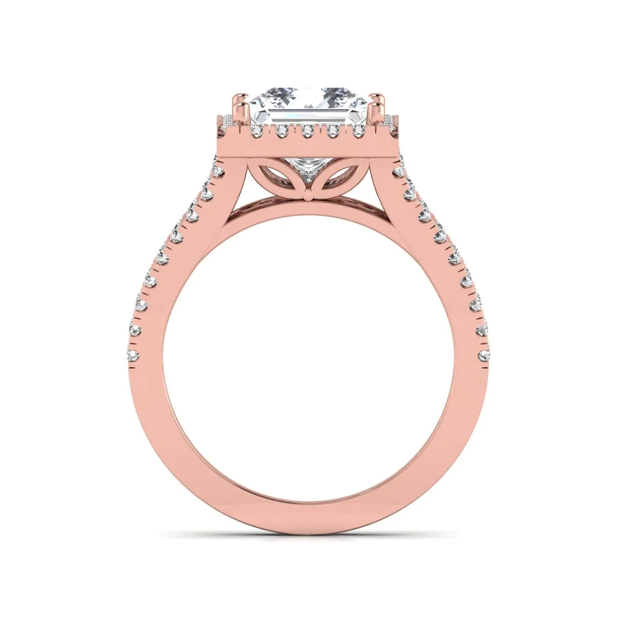 Princess cut halo split shank lab grown diamond engagement ring featuring a 3.01 carat IGI certified princess cut center diamond with round diamond halo in rose gold.