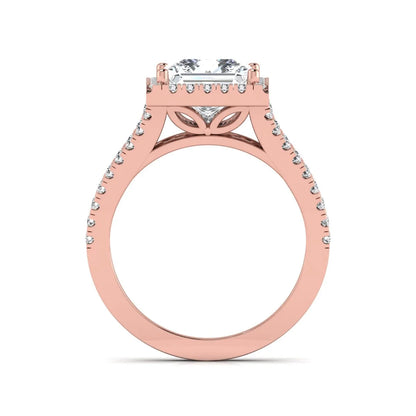 Princess cut halo split shank lab grown diamond engagement ring featuring a 3.01 carat IGI certified princess cut center diamond with round diamond halo in rose gold.