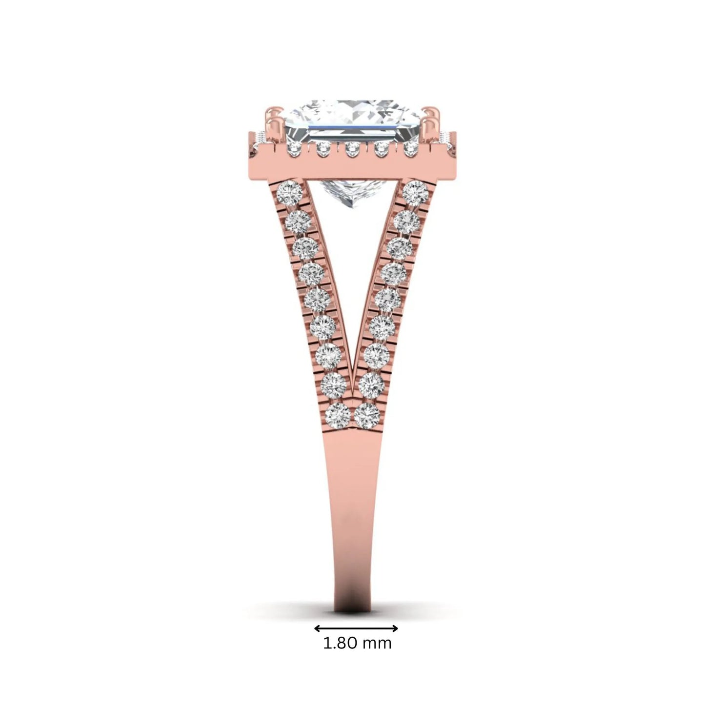 Princess cut halo split shank lab grown diamond engagement ring featuring a 3.01 carat IGI certified princess cut center diamond with round diamond halo in rose gold.