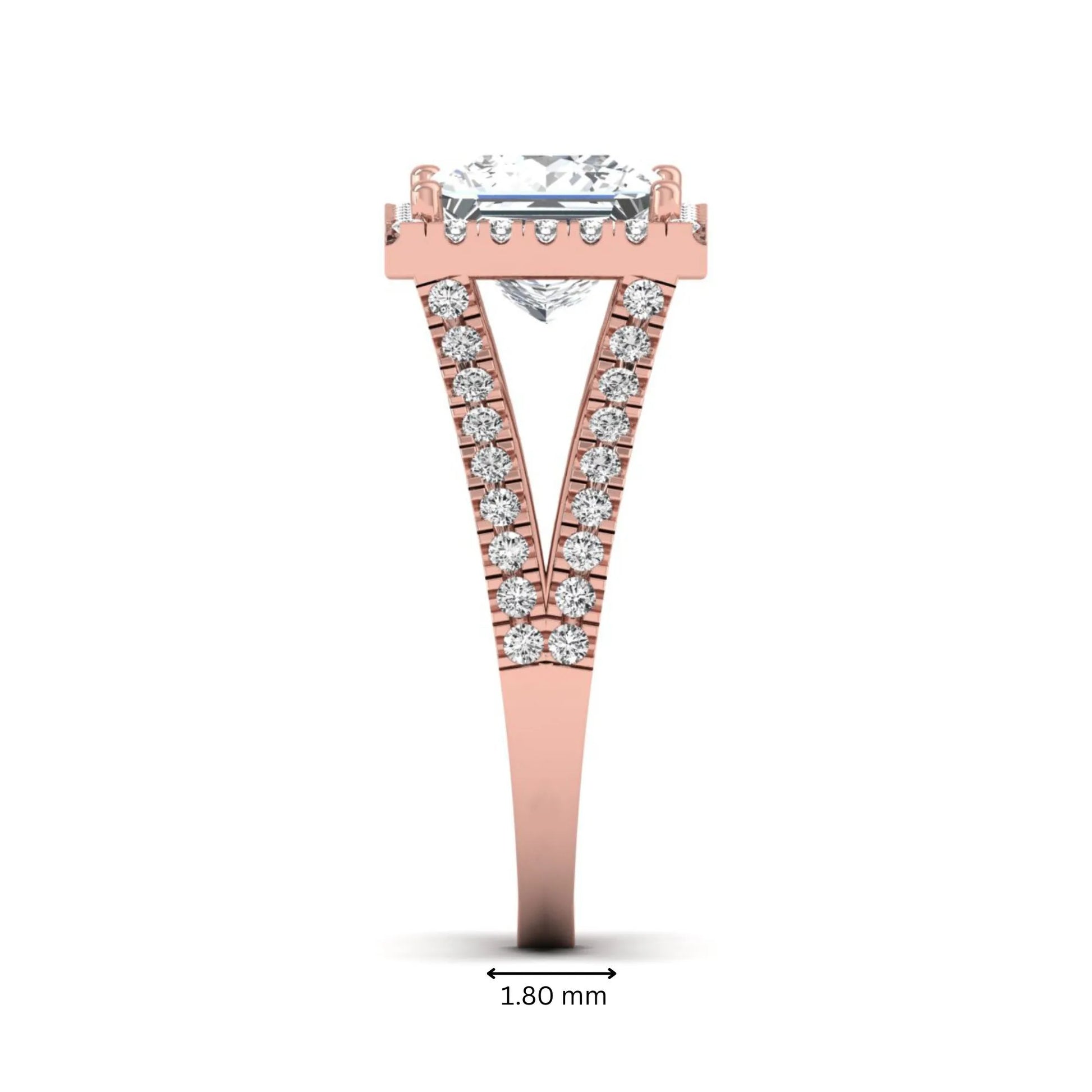 Princess cut halo split shank lab grown diamond engagement ring featuring a 3.01 carat IGI certified princess cut center diamond with round diamond halo in rose gold.