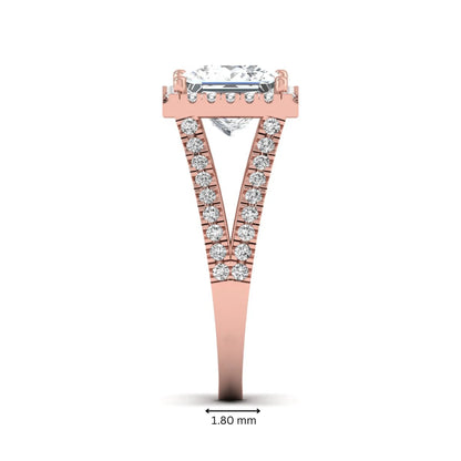 Princess cut halo split shank lab grown diamond engagement ring featuring a 3.01 carat IGI certified princess cut center diamond with round diamond halo in rose gold.