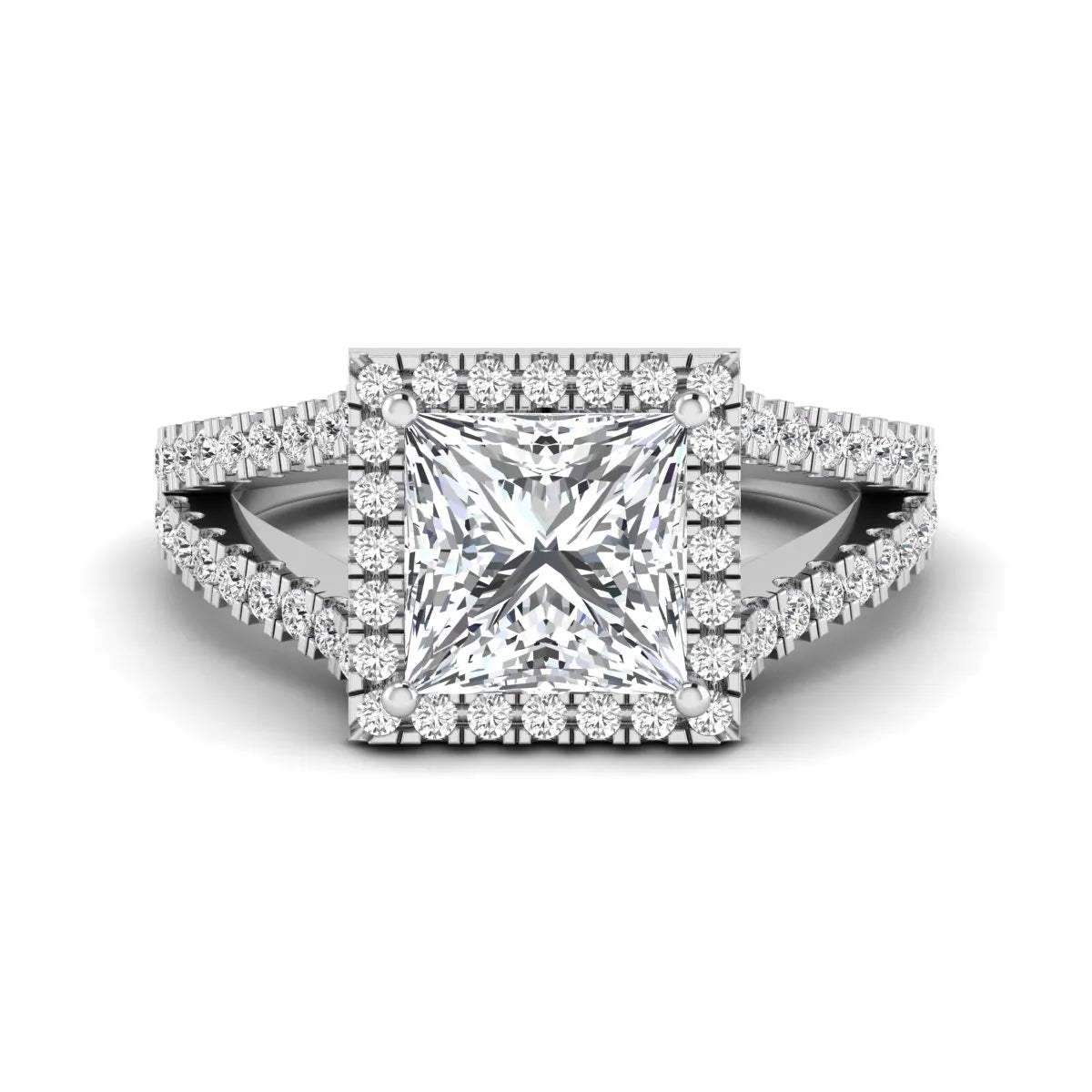 Princess cut halo split shank lab grown diamond engagement ring featuring a 3.01 carat IGI certified princess cut center diamond with round diamond halo in white gold.