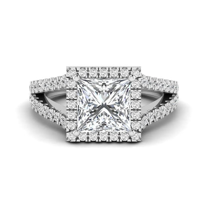 Princess cut halo split shank lab grown diamond engagement ring featuring a 3.01 carat IGI certified princess cut center diamond with round diamond halo in white gold.