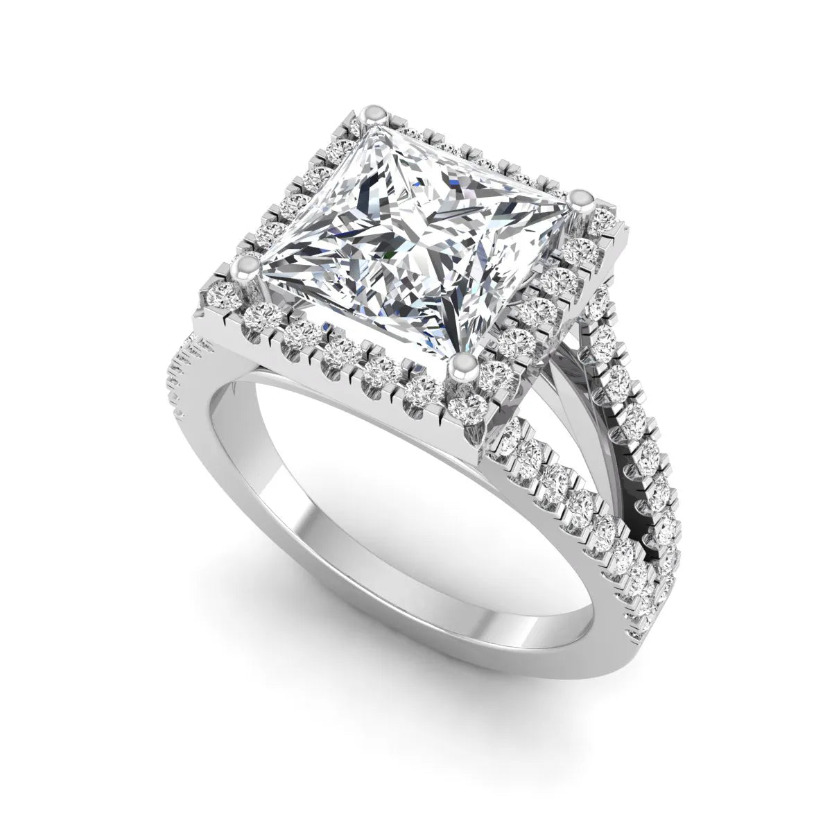 Princess cut halo split shank lab grown diamond engagement ring featuring a 3.01 carat IGI certified princess cut center diamond with round diamond halo in white gold.