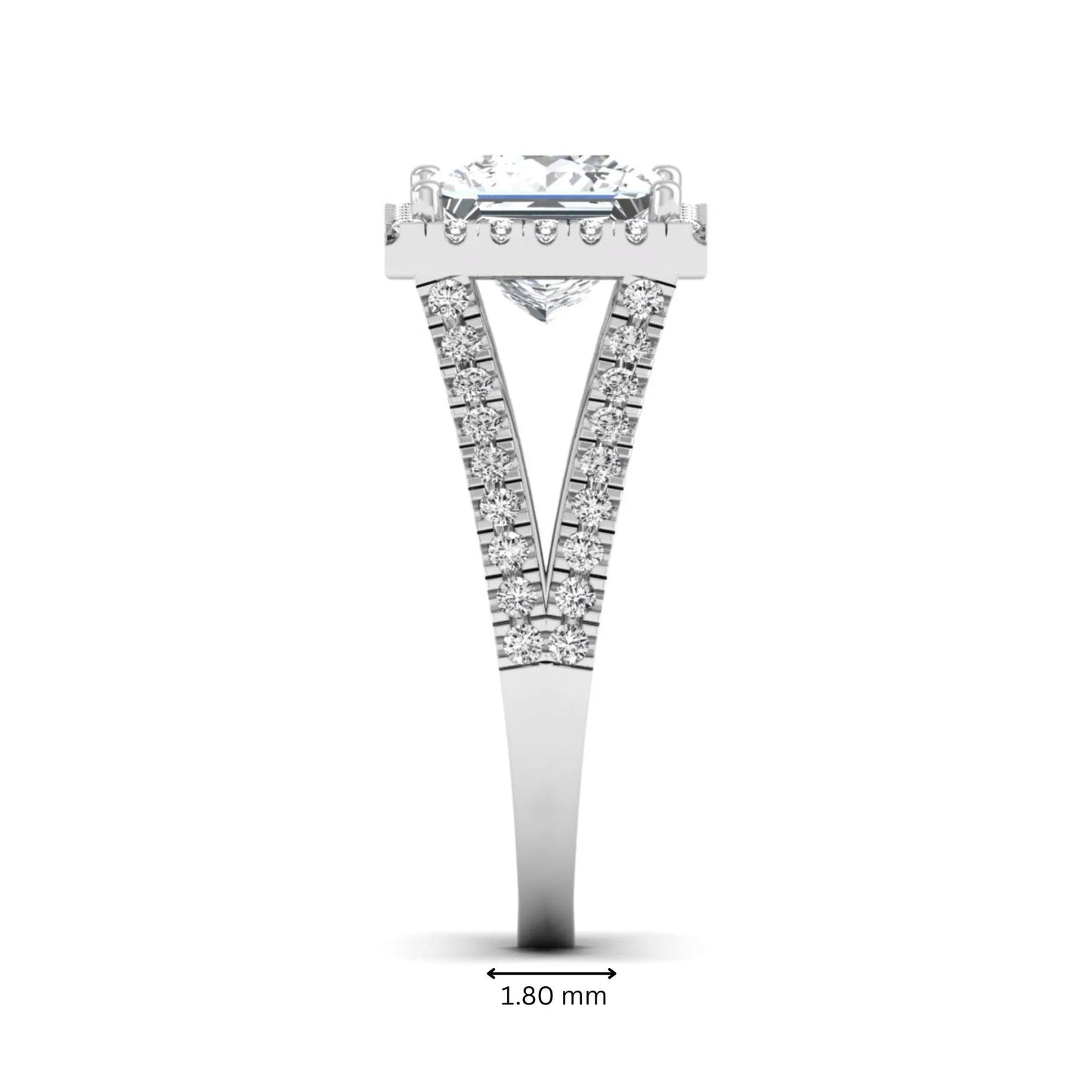 Princess cut halo split shank lab grown diamond engagement ring featuring a 3.01 carat IGI certified princess cut center diamond with round diamond halo in white gold.