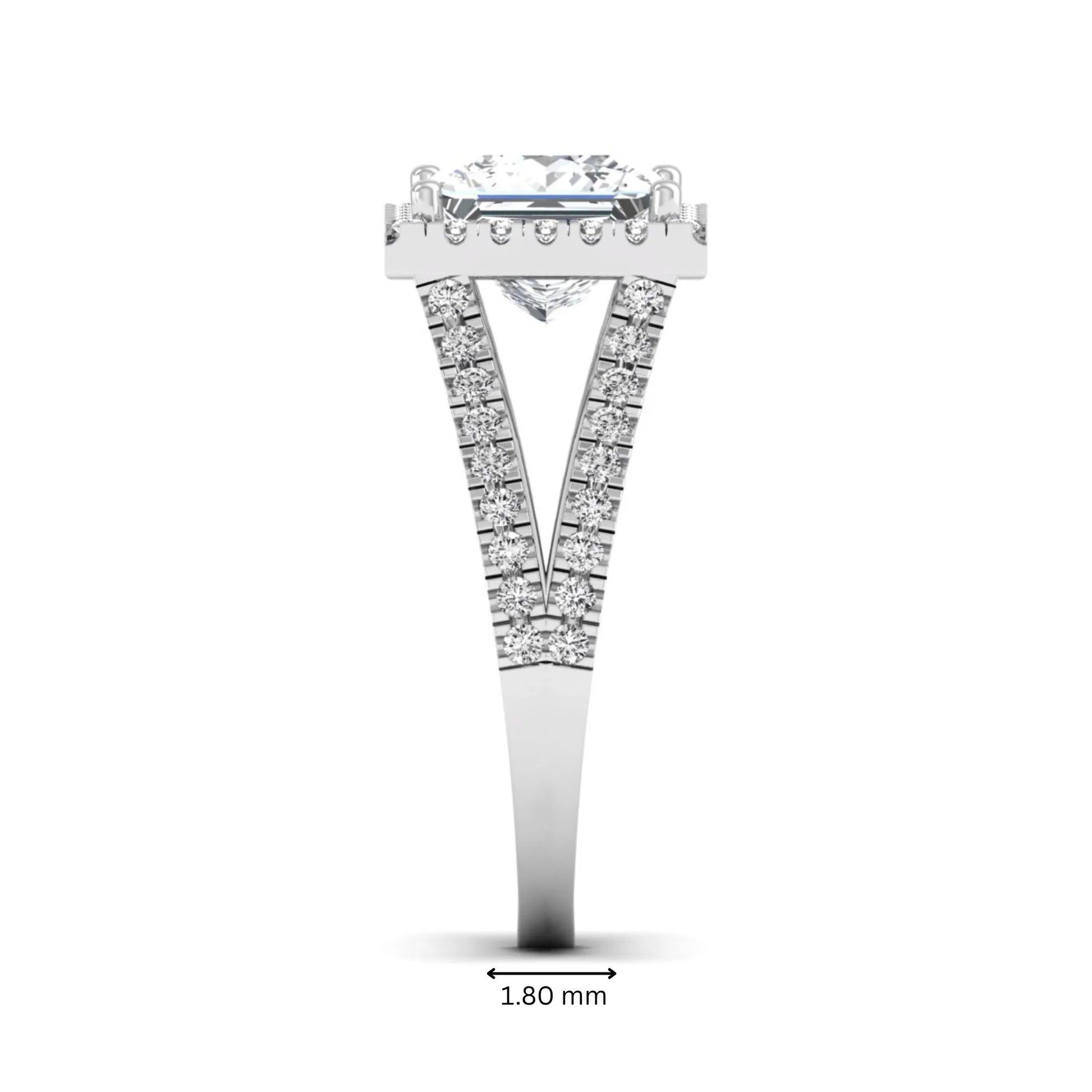 Princess cut halo split shank lab grown diamond engagement ring featuring a 3.01 carat IGI certified princess cut center diamond with round diamond halo in white gold.