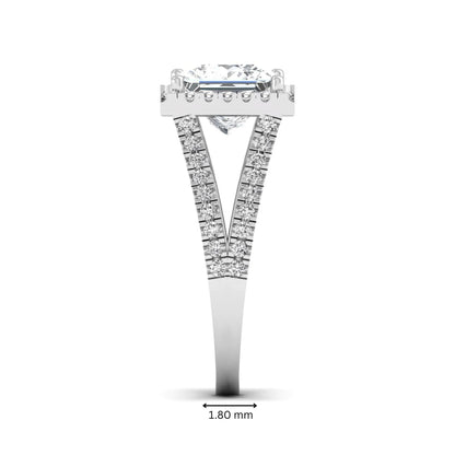 Princess cut halo split shank lab grown diamond engagement ring featuring a 3.01 carat IGI certified princess cut center diamond with round diamond halo in white gold.
