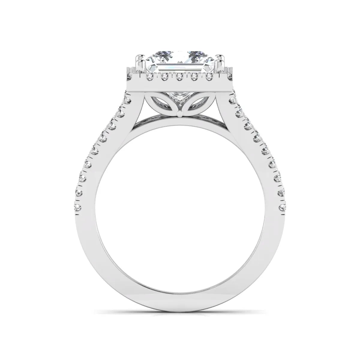 Princess cut halo split shank lab grown diamond engagement ring featuring a 3.01 carat IGI certified princess cut center diamond with round diamond halo in white gold.