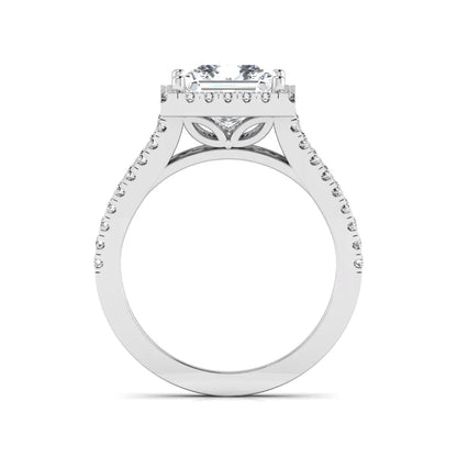Princess cut halo split shank lab grown diamond engagement ring featuring a 3.01 carat IGI certified princess cut center diamond with round diamond halo in white gold.