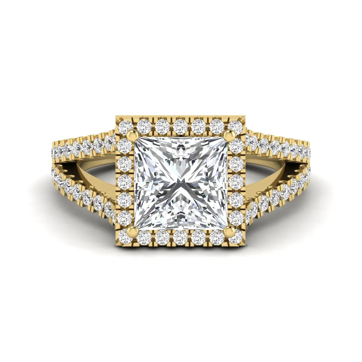 Princess cut halo split shank lab grown diamond engagement ring featuring a 3.01 carat IGI certified princess cut center diamond with round diamond halo in yellow gold.