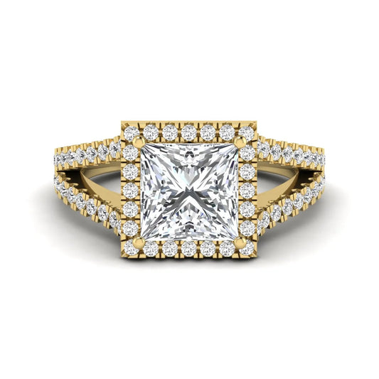 Princess cut halo split shank lab grown diamond engagement ring featuring a 3.01 carat IGI certified princess cut center diamond with round diamond halo in yellow gold.