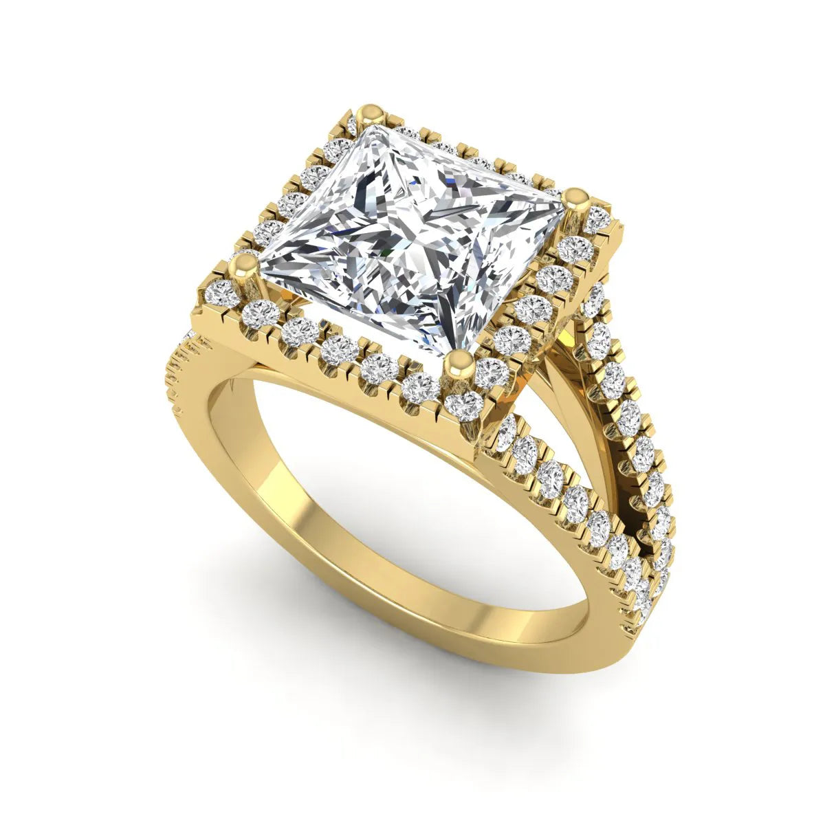 Princess cut halo split shank lab grown diamond engagement ring featuring a 3.01 carat IGI certified princess cut center diamond with round diamond halo in yellow gold.