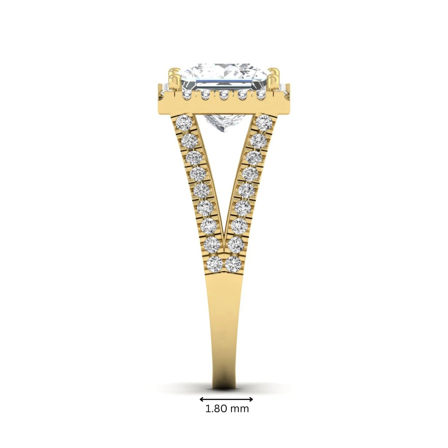 Princess cut halo split shank lab grown diamond engagement ring featuring a 3.01 carat IGI certified princess cut center diamond with round diamond halo in yellow gold.