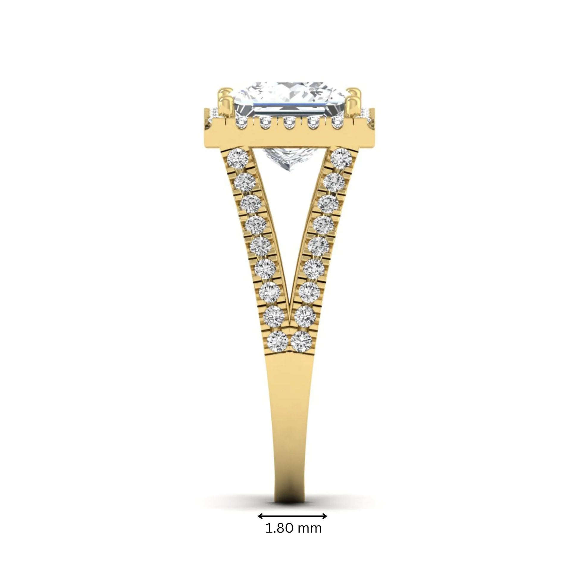 Princess cut halo split shank lab grown diamond engagement ring featuring a 3.01 carat IGI certified princess cut center diamond with round diamond halo in yellow gold.