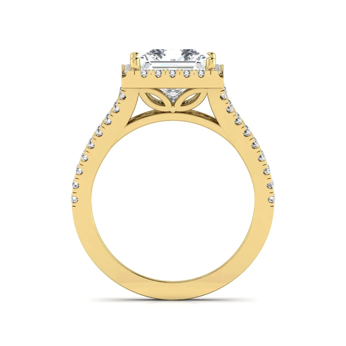 Princess cut halo split shank lab grown diamond engagement ring featuring a 3.01 carat IGI certified princess cut center diamond with round diamond halo in yellow gold.