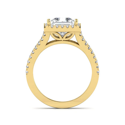 Princess cut halo split shank lab grown diamond engagement ring featuring a 3.01 carat IGI certified princess cut center diamond with round diamond halo in yellow gold.