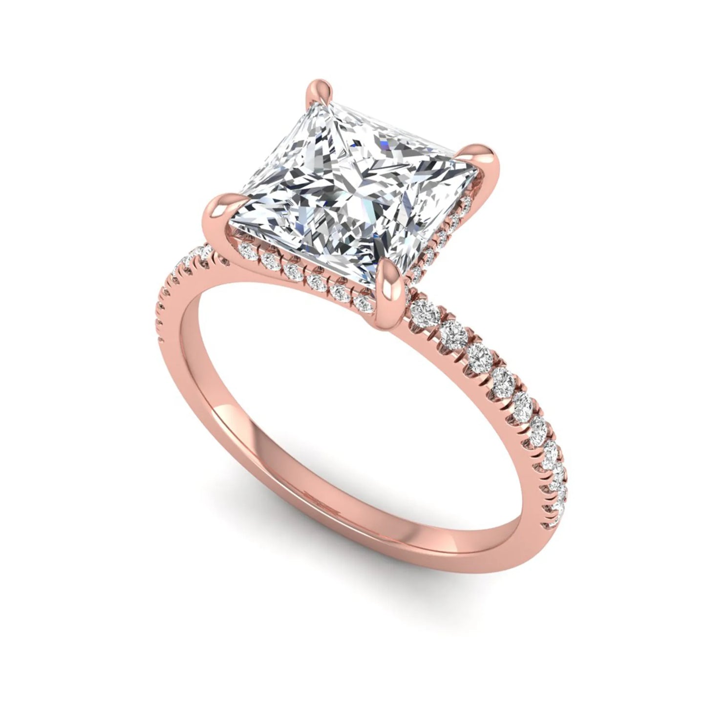 IGI Certified 2.01 carat princess cut lab grown diamond hidden halo engagement ring with pavé diamond band in rose gold.