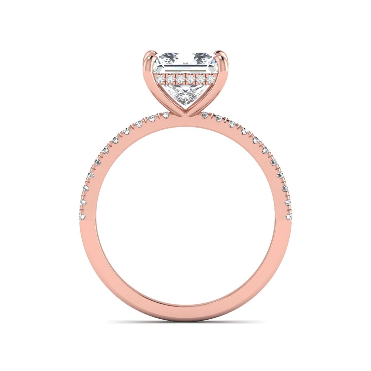 IGI Certified 2.01 carat princess cut lab grown diamond hidden halo engagement ring with pavé diamond band in rose gold.