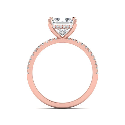IGI Certified 2.01 carat princess cut lab grown diamond hidden halo engagement ring with pavé diamond band in rose gold.