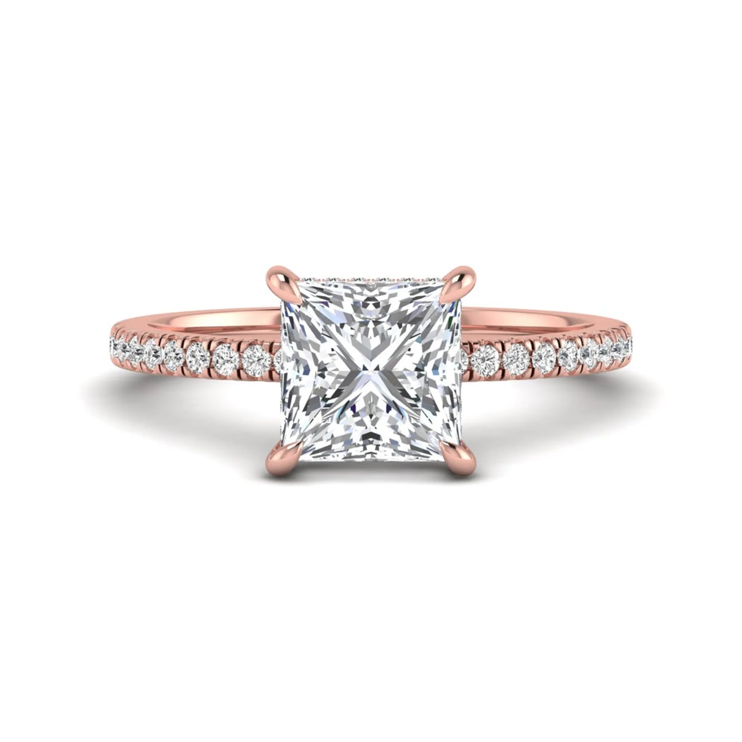 IGI Certified 2.01 carat princess cut lab grown diamond hidden halo engagement ring with pavé diamond band in rose gold.