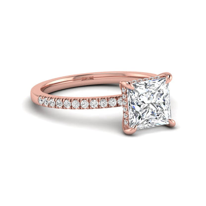 IGI Certified 2.01 carat princess cut lab grown diamond hidden halo engagement ring with pavé diamond band in rose gold.