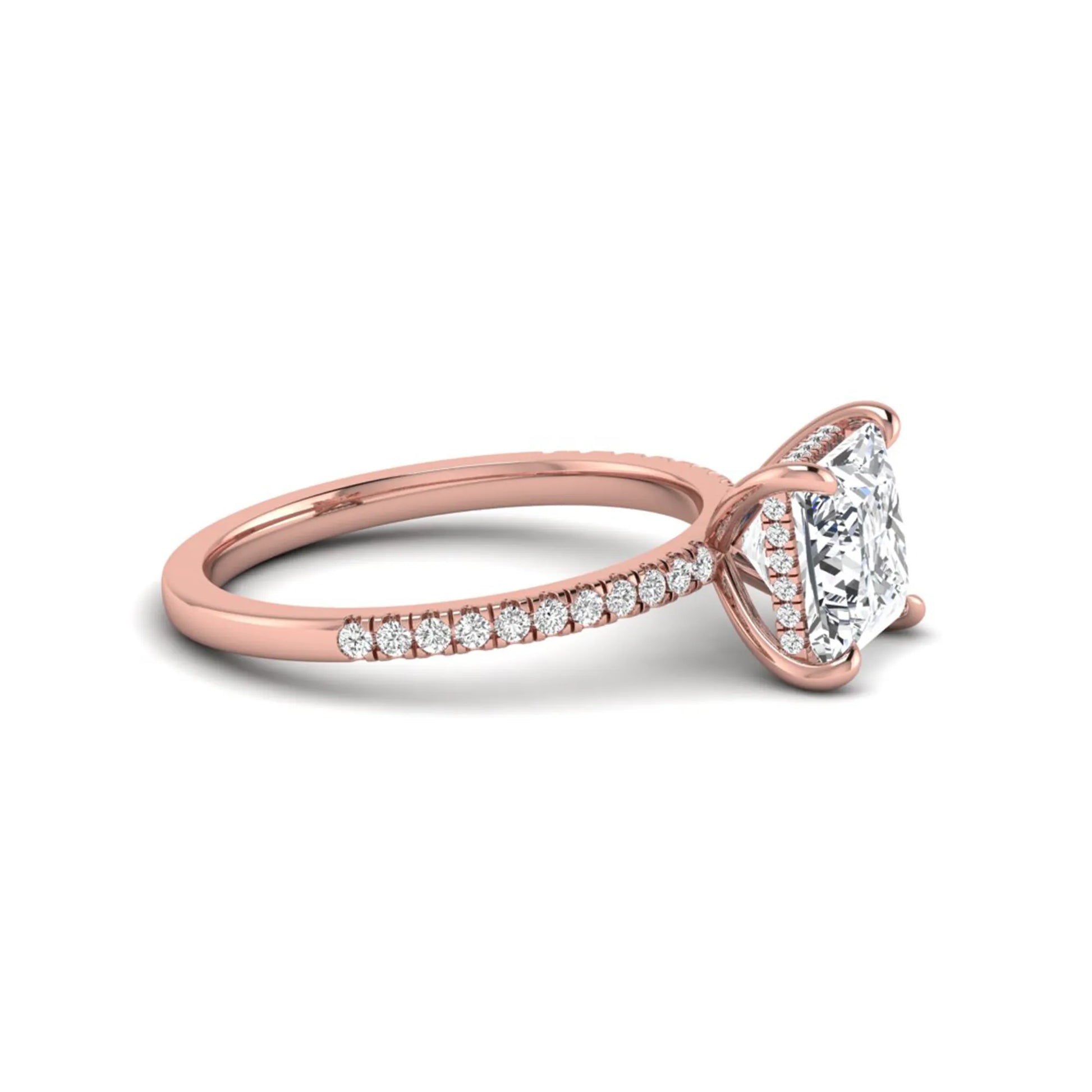 IGI Certified 2.01 carat princess cut lab grown diamond hidden halo engagement ring with pavé diamond band in rose gold.