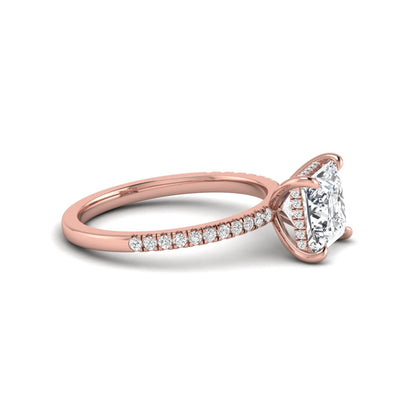 IGI Certified 2.01 carat princess cut lab grown diamond hidden halo engagement ring with pavé diamond band in rose gold.