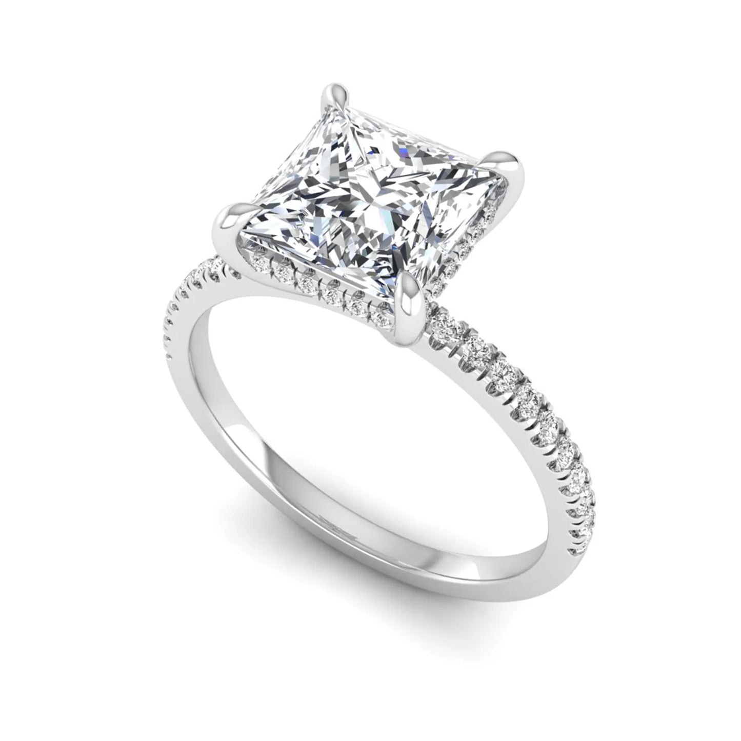 IGI Certified 2.01 carat princess cut lab grown diamond hidden halo engagement ring with pavé diamond band in white gold.