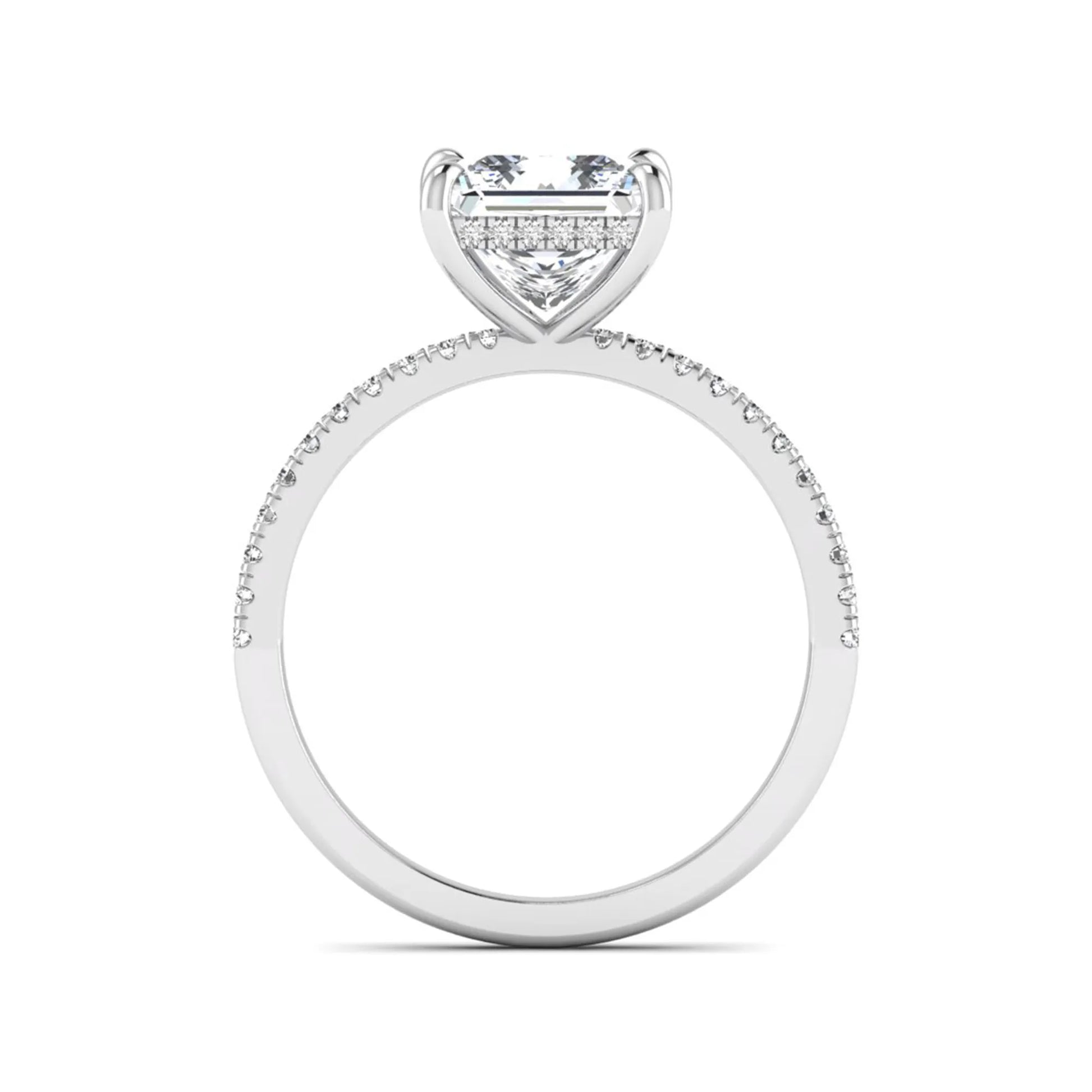 IGI Certified 2.01 carat princess cut lab grown diamond hidden halo engagement ring with pavé diamond band in white gold.