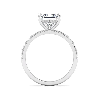 IGI Certified 2.01 carat princess cut lab grown diamond hidden halo engagement ring with pavé diamond band in white gold.