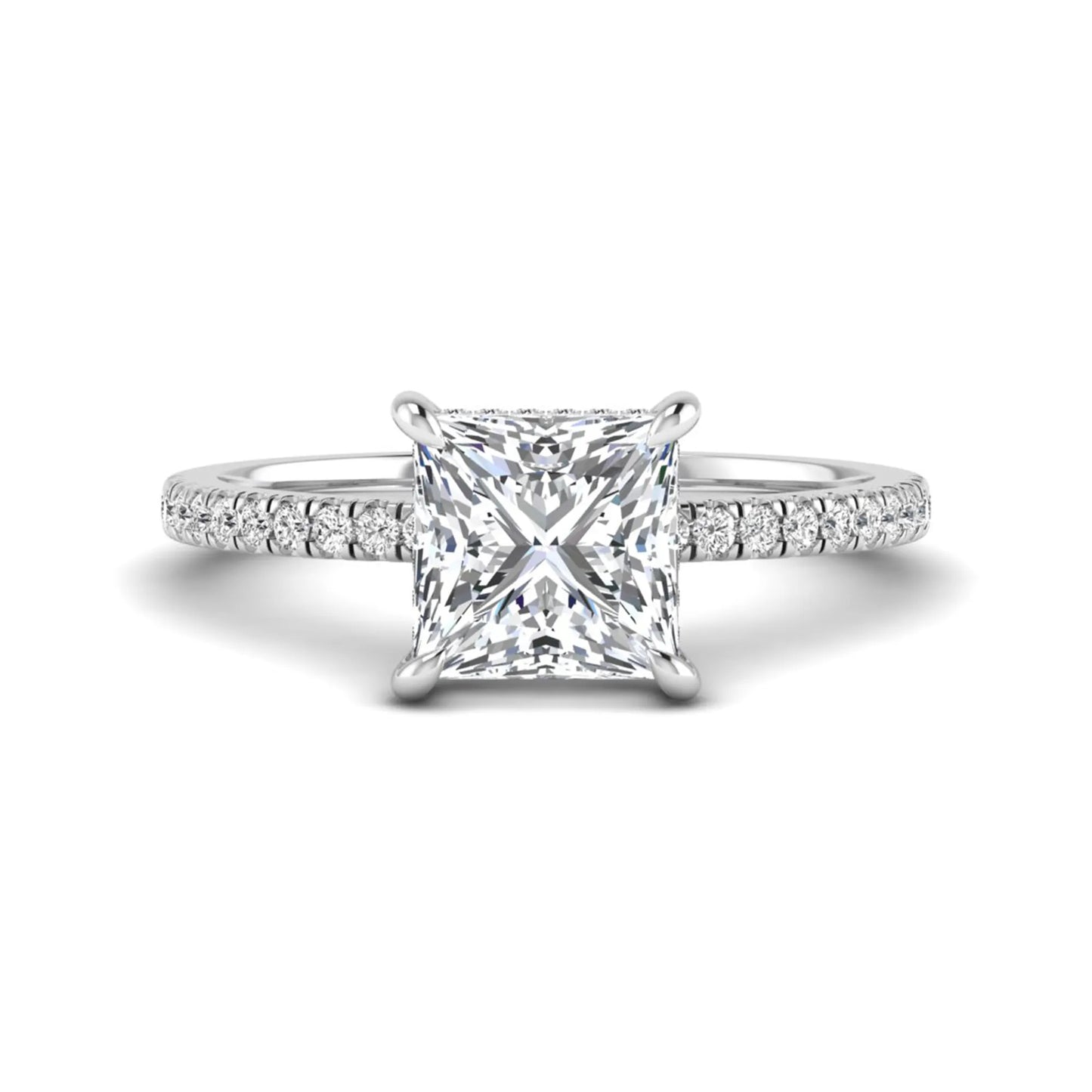 IGI Certified 2.01 carat princess cut lab grown diamond hidden halo engagement ring with pavé diamond band in white gold.