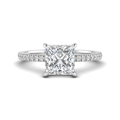 IGI Certified 2.01 carat princess cut lab grown diamond hidden halo engagement ring with pavé diamond band in white gold.
