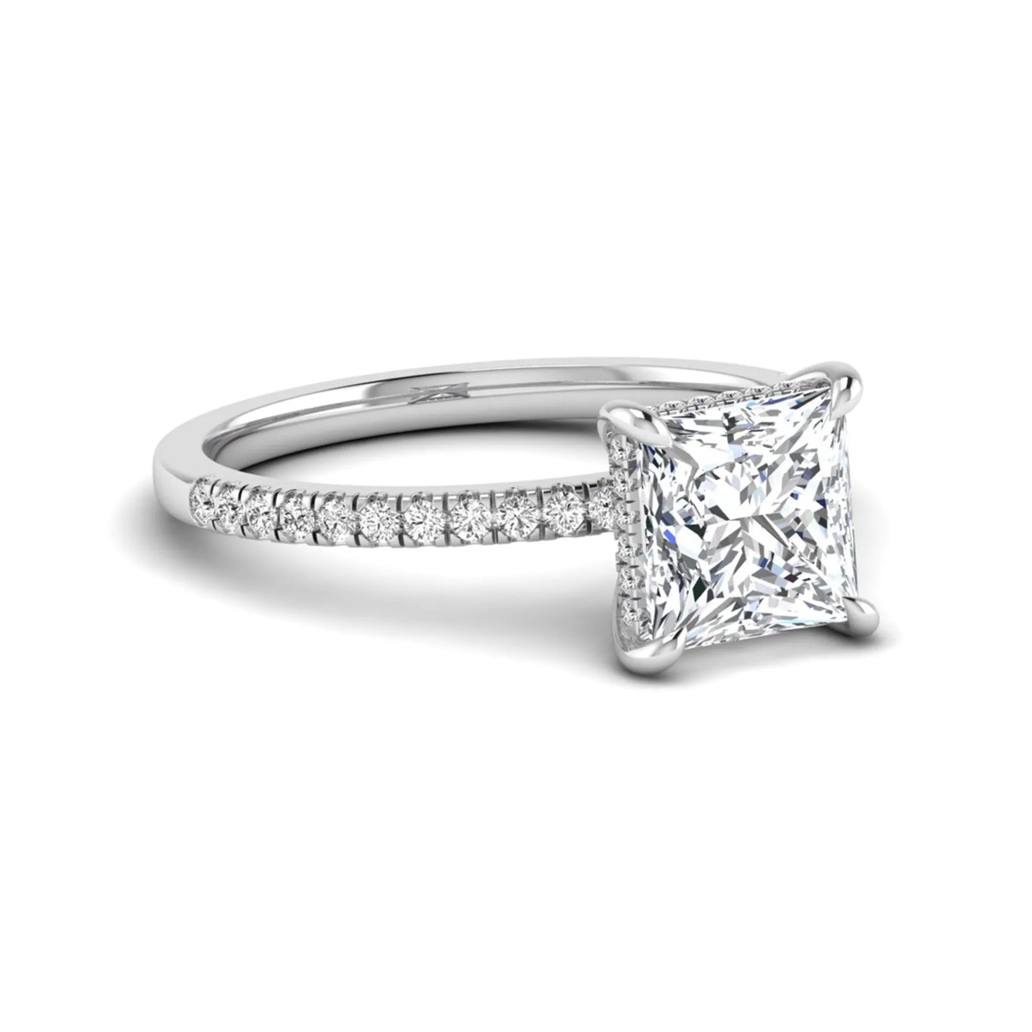 IGI Certified 2.01 carat princess cut lab grown diamond hidden halo engagement ring with pavé diamond band in white gold.