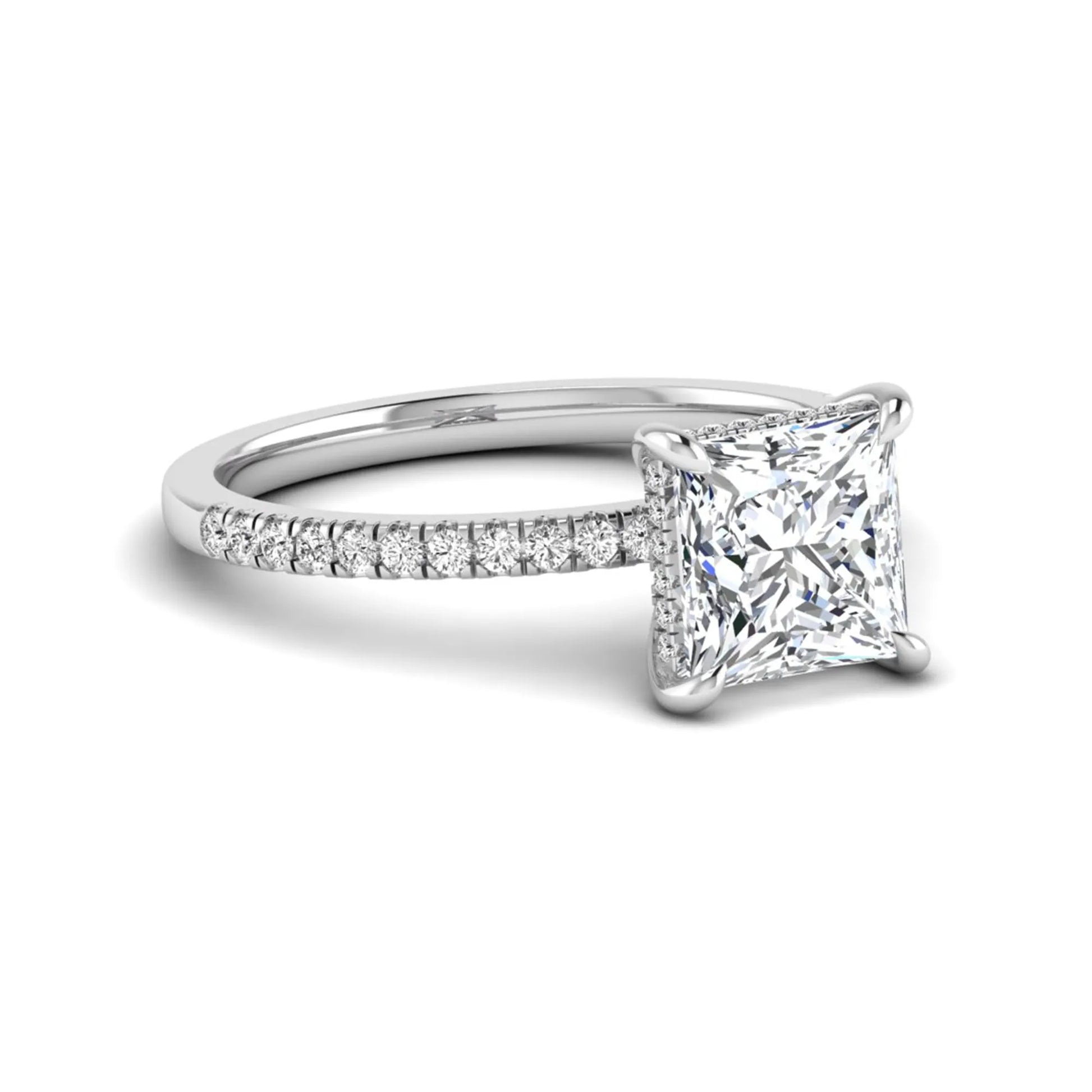 IGI Certified 2.01 carat princess cut lab grown diamond hidden halo engagement ring with pavé diamond band in white gold.