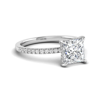 IGI Certified 2.01 carat princess cut lab grown diamond hidden halo engagement ring with pavé diamond band in white gold.