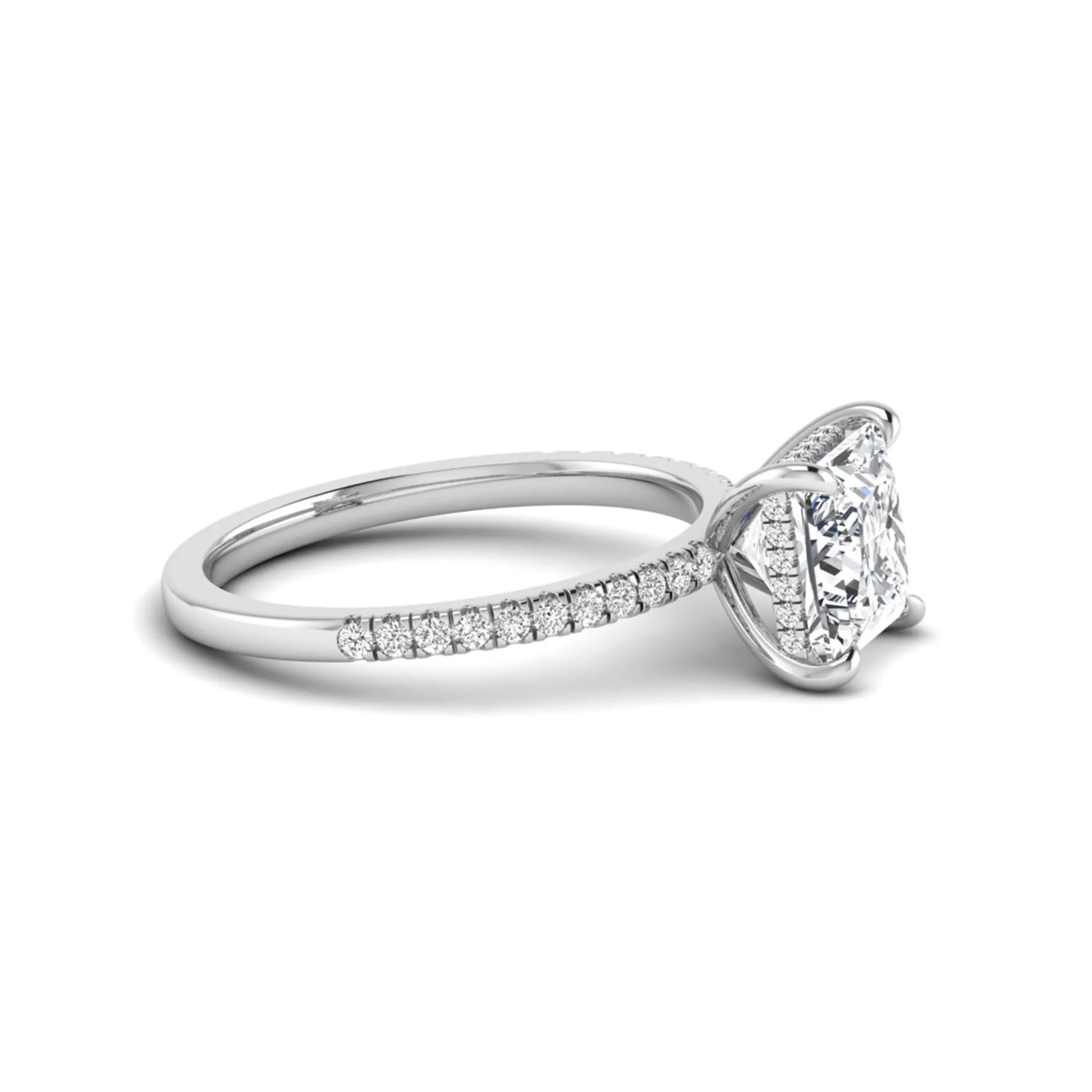 IGI Certified 2.01 carat princess cut lab grown diamond hidden halo engagement ring with pavé diamond band in white gold.